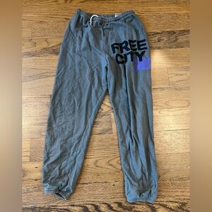 Gray Freecity sweatpants with purple bird and black writing